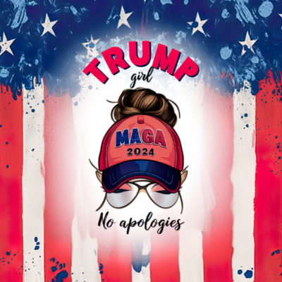 flat digital of a patriotic design featuring the American flag, stars, and a graphic of a woman with a 'MAGA' hat and the text 'Trump Girl - No Apologies'.