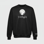 Black sweatshirt with 'twilight' design featuring a moon and trees on a light gray background