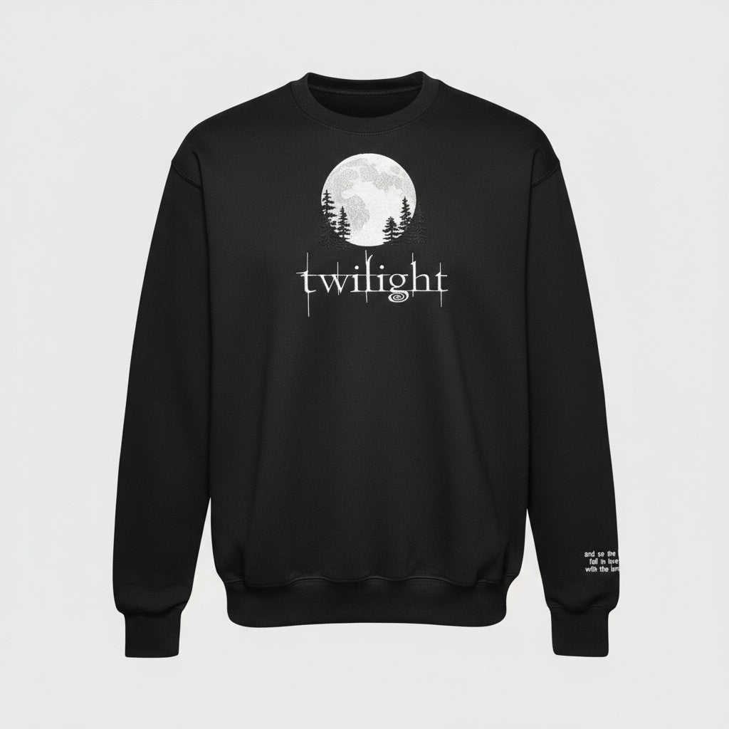 Black sweatshirt with 'twilight' design featuring a moon and trees on a light gray background