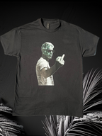 A black t-shirt featuring a graphic print of a person giving a middle finger gesture.