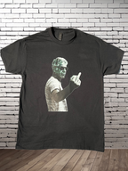 A black t-shirt featuring a graphic print of a person giving a middle finger gesture.