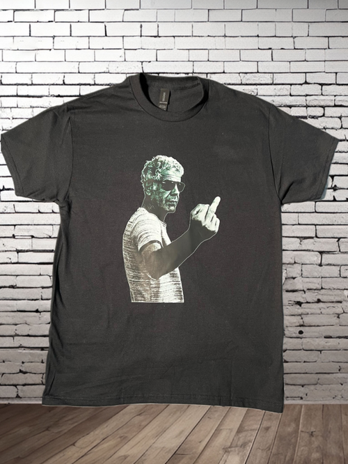 A black t-shirt featuring a graphic print of a person giving a middle finger gesture.