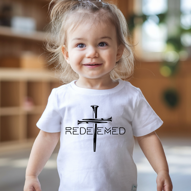 Child wearing a white t-shirt with a cross and 'REDEEMED' text in a blurred indoor setting