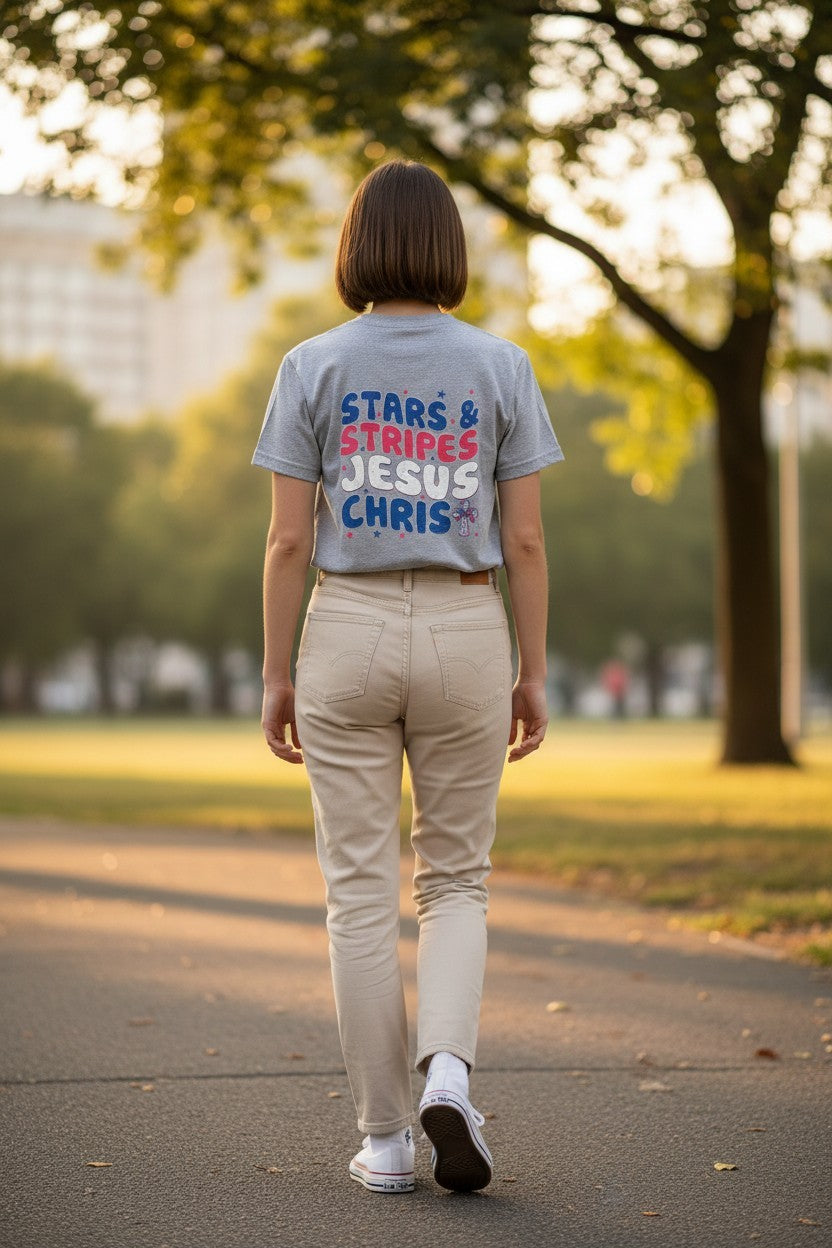 Back view of Fourth of July Christian t-shirt patriotic Jesus Christ graphic gray unisex tee.