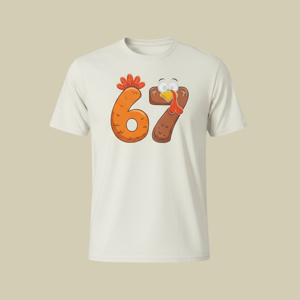 White t-shirt with cartoon numbers '67' featuring a chicken and rooster design on a beige background