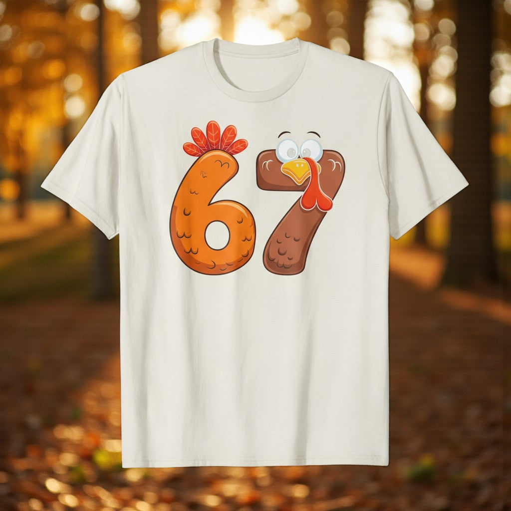 White t-shirt with cartoon numbers 67 on a blurred autumn background
