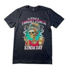 Black t-shirt with a colorful graphic and text on a white background