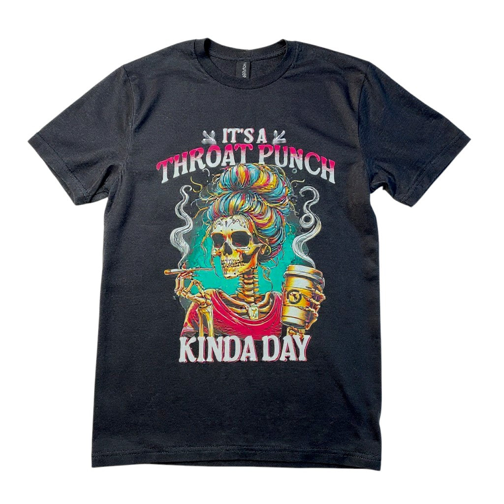 Black t-shirt with a colorful graphic and text on a white background