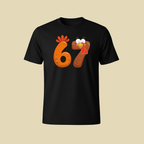 Black t-shirt with a cartoon turkey design featuring the number 67 on a beige background