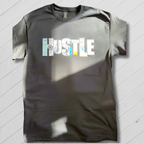 black t-shirt with 'HUSTLE' text on a gray background