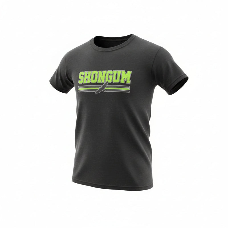 Black t-shirt with 'SHONGUM' printed in green on a white background