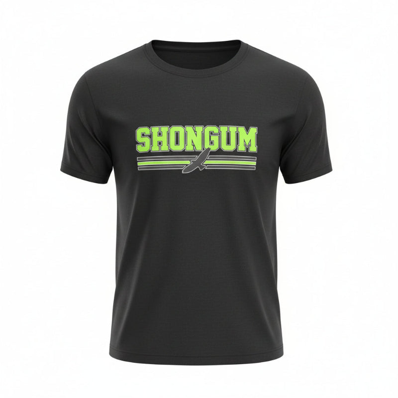 Black t-shirt with 'SHONGUM' printed in green on a white background