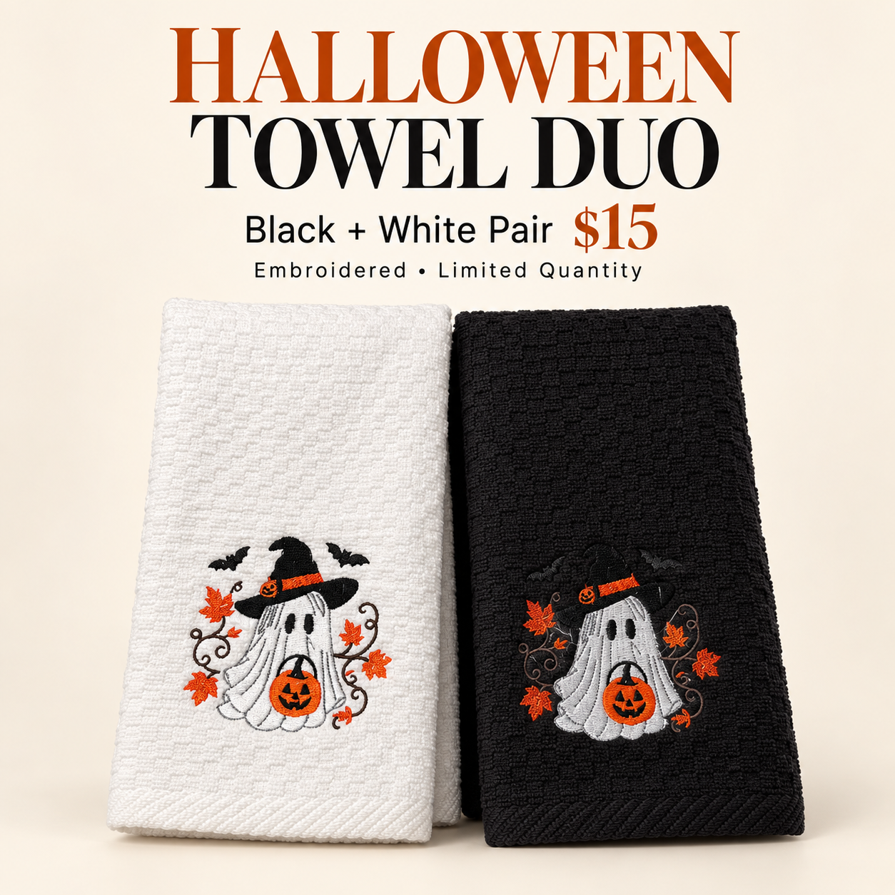 Black and white embroidered Halloween kitchen towel pair