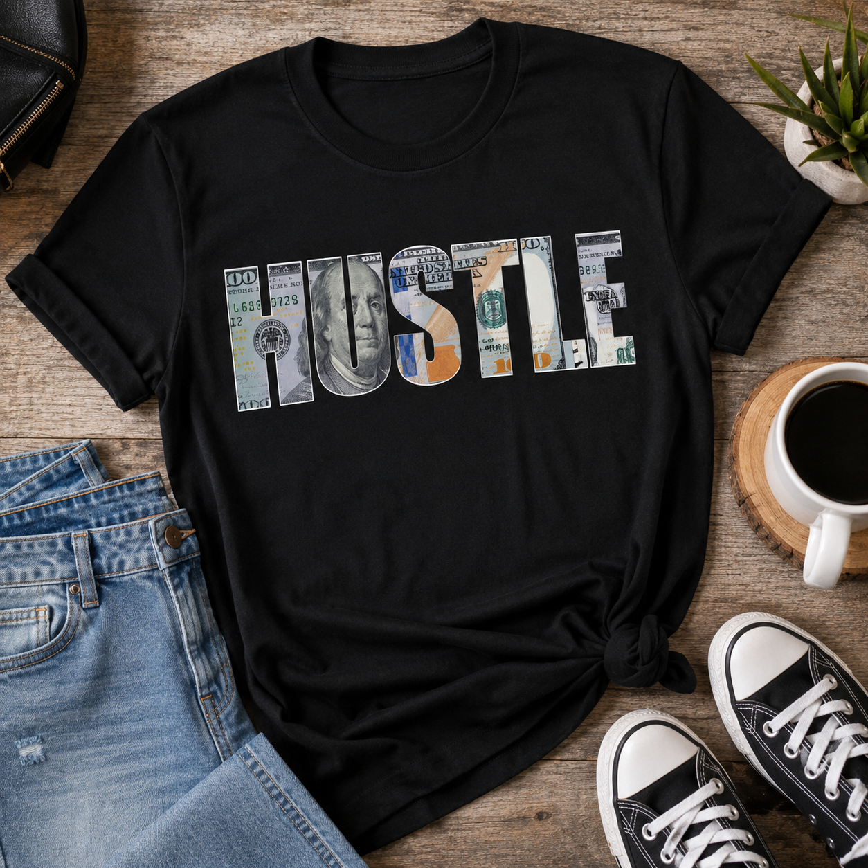 A black short-sleeve graphic T-shirt laid flat on a wooden surface, styled with blue jeans, a black shoe, a coffee cup, and a small plant. The shirt has the word "Hustle" across the chest, with each letter filled with a different U.