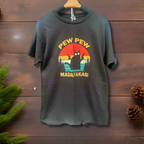 Unisex fit Pew Pew Madafakas retro funny cat shirt for men and women displayed on a hanger.