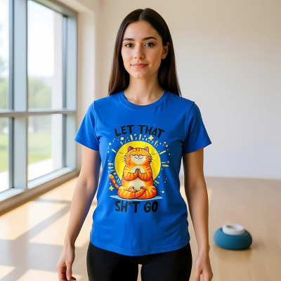 Blue t-shirt with a colorful graphic and text that says, Let That Sh*t go.