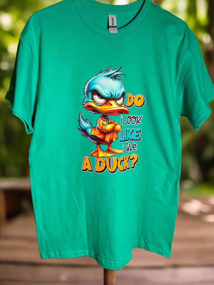 Trending funny t-shirt with bold grumpy duck graphic and sarcastic quote outside background.