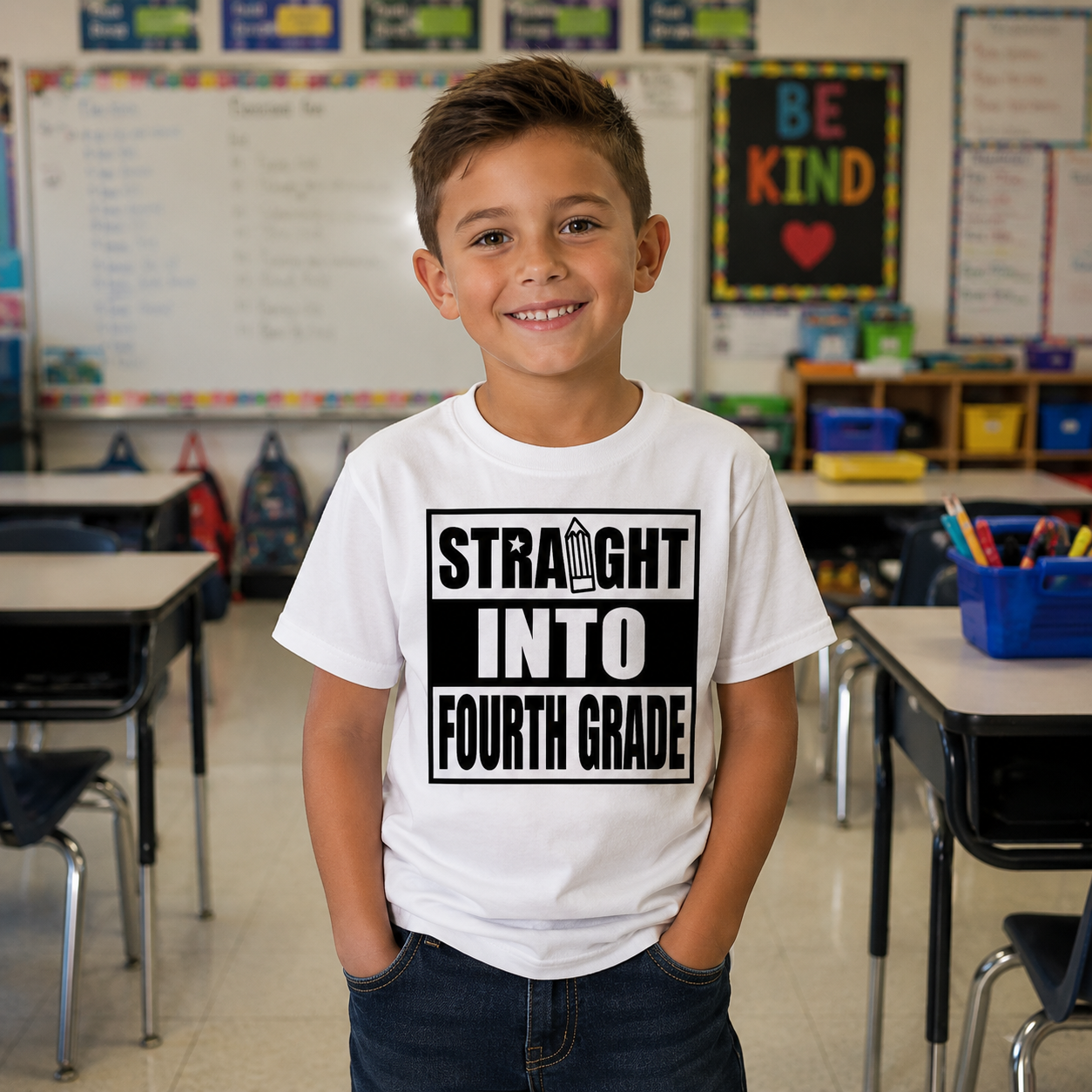 A young boy smiling in a classroom, wearing a white t-shirt with a black graphic that reads 'STRAIGHT INTO FOURTH GRADE'.