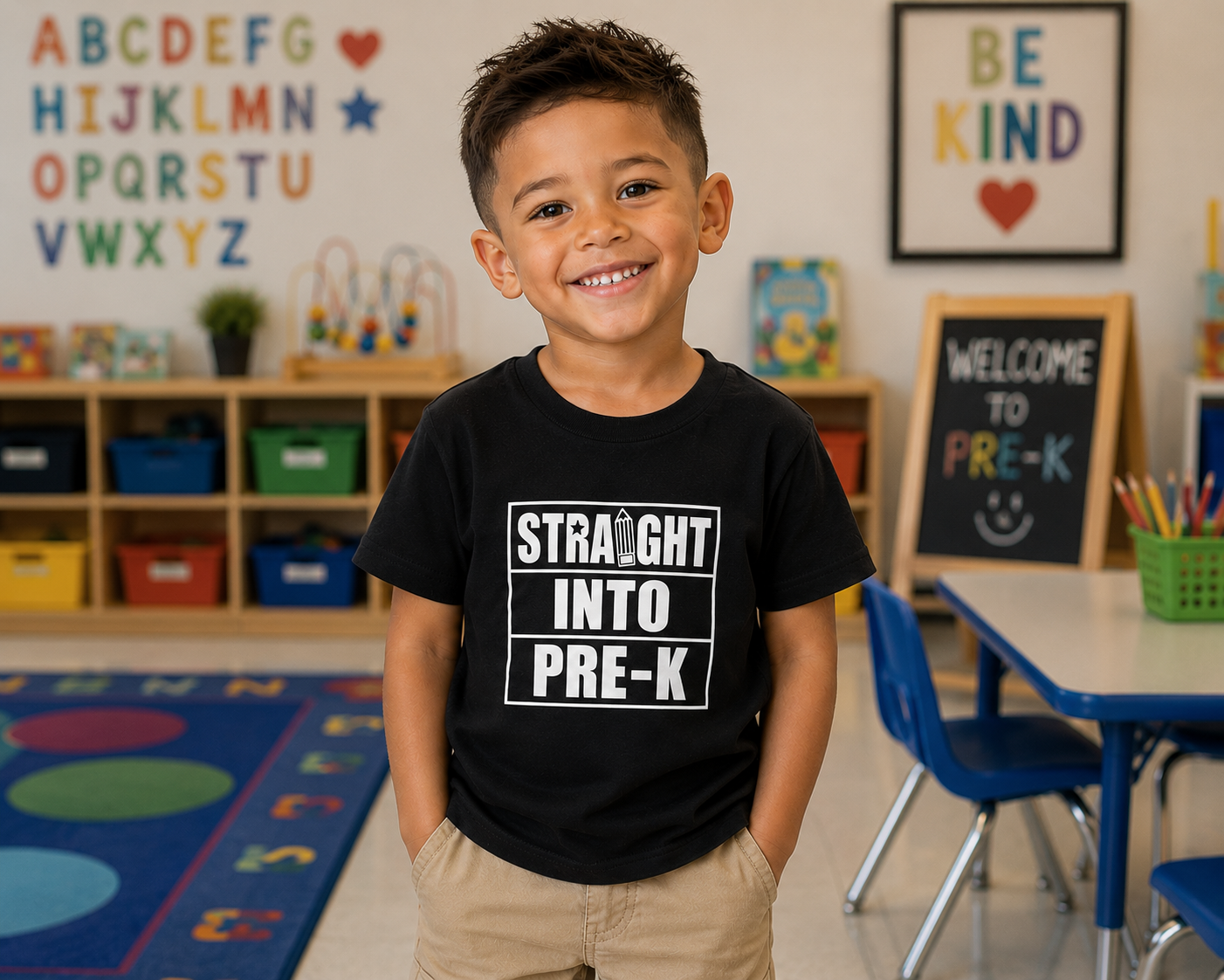 A young boy smiling in a colorful pre-K classroom, wearing a black graphic t-shirt that reads 'STRAIGHT INTO PRE-K' in bold white block letters.