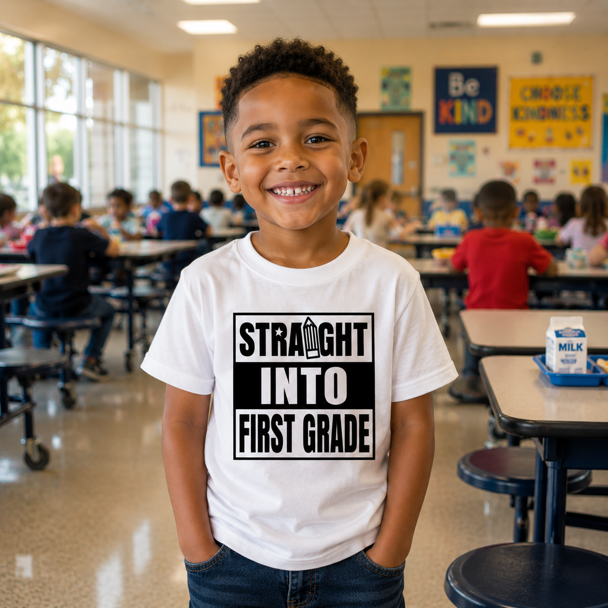 A young boy smiling in a school cafeteria, wearing a white graphic t-shirt that reads 'STRAIGHT INTO FIRST GRADE' in black text with a pencil icon.