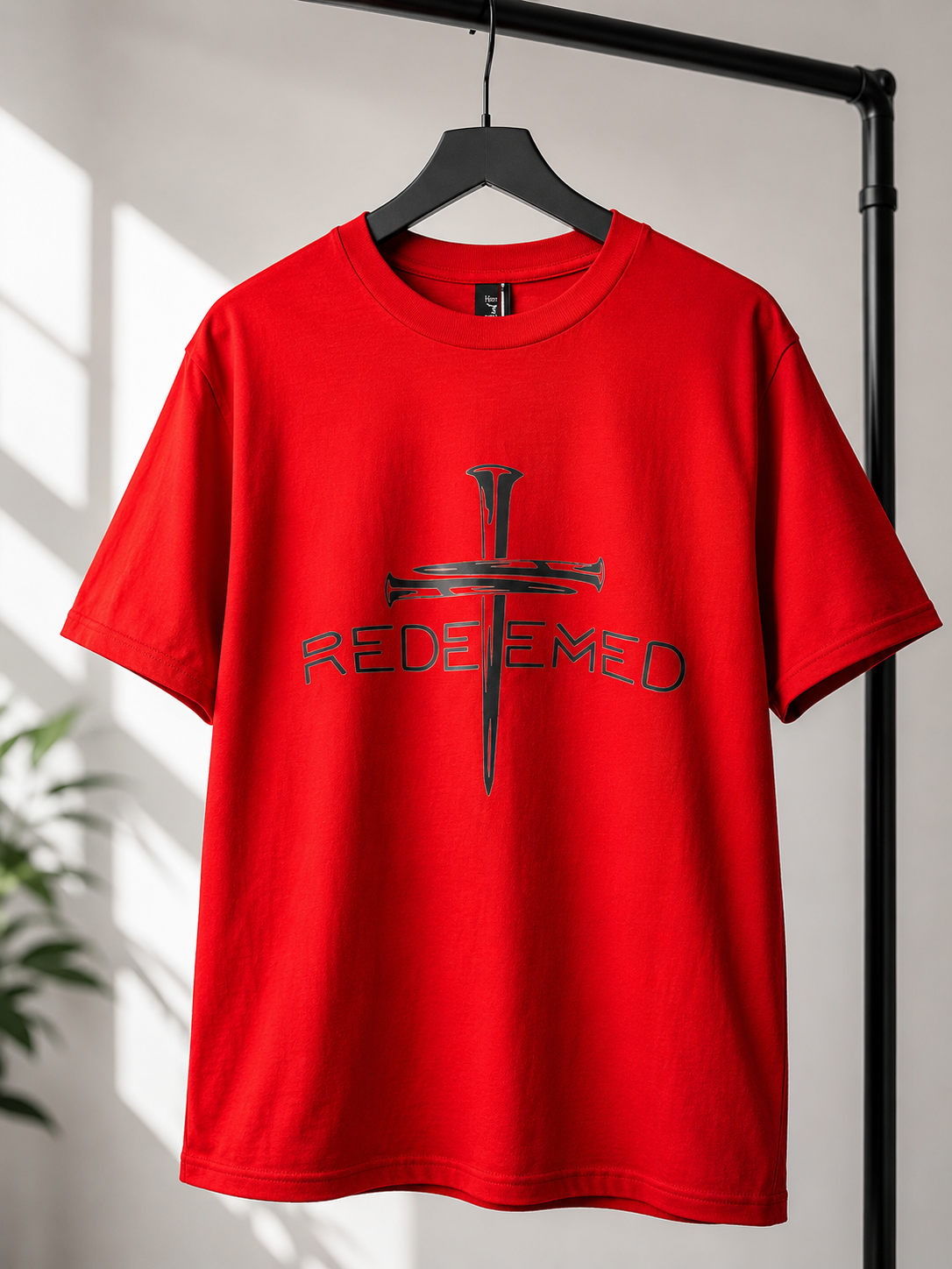 A bright red short-sleeve t-shirt hanging on a black hanger, featuring a black graphic of a sword and the word 'REDEEMED' on the front. The shirt is displayed on a black clothing rack against a neutral light gray wall with soft window shadows.