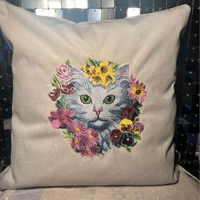 Embroidered Pillow Cover - Cat with Flowers Design with Pillow Insert