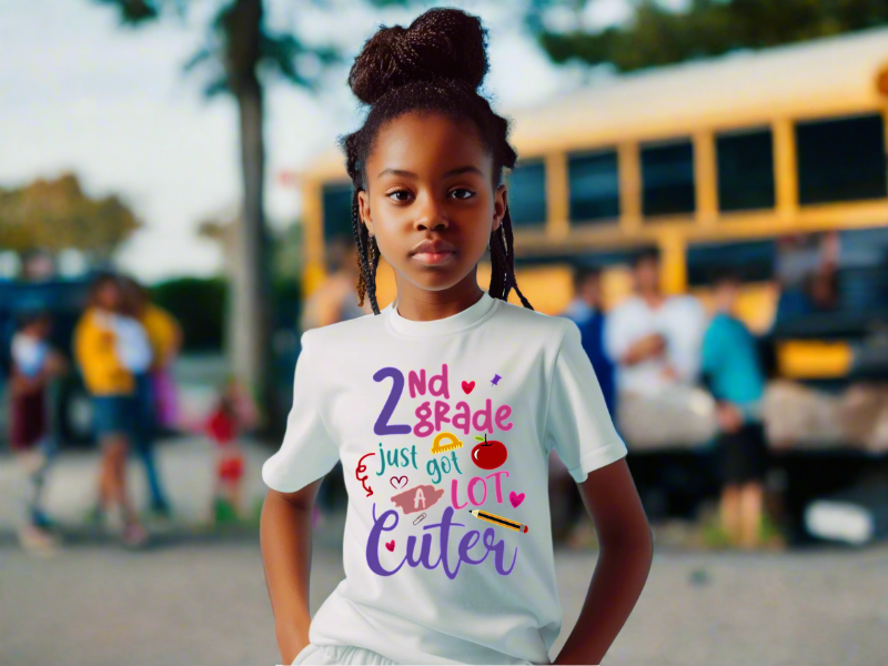 Child wearing a white t-shirt with colorful text with blurred background kids and a school bus.