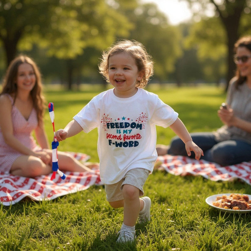 Patriotic funny t-shirt on child model.  Perfect for 4th of July with bold text “Freedom Is My Second Favorite F-Word” in red and blue
