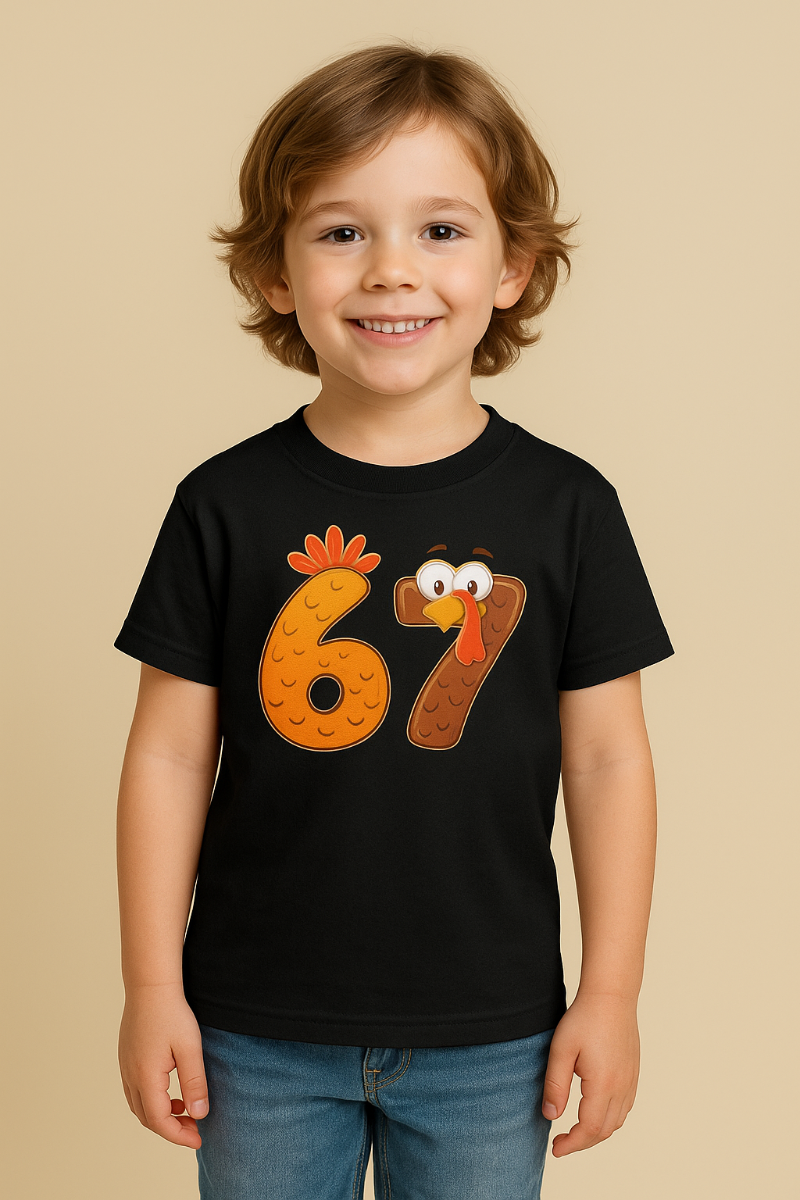 Child wearing a black t-shirt with a turkey design and the number 67 on a beige background