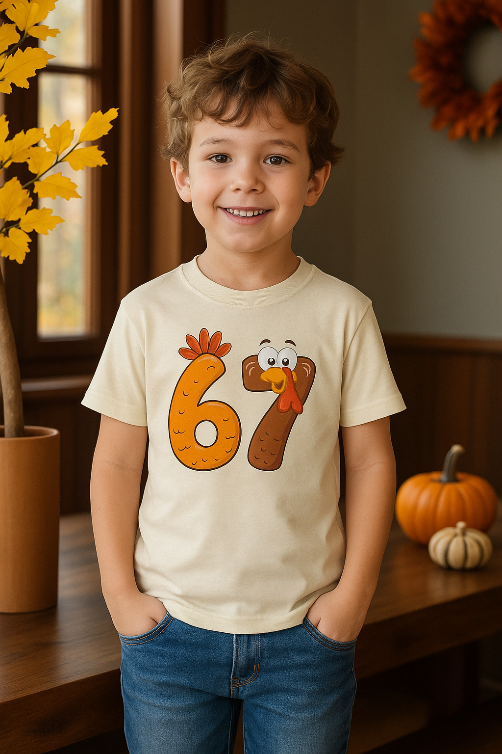 Child wearing a shirt with the number 6 and a turkey design, standing in a room with autumn decorations.