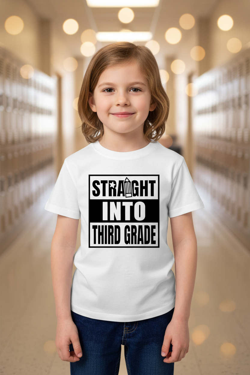 A young child with light brown hair stands in a school hallway wearing a white graphic t-shirt with the text 'STRAIGHT INTO THIRD GRADE' in black and white, paired with blue jeans.