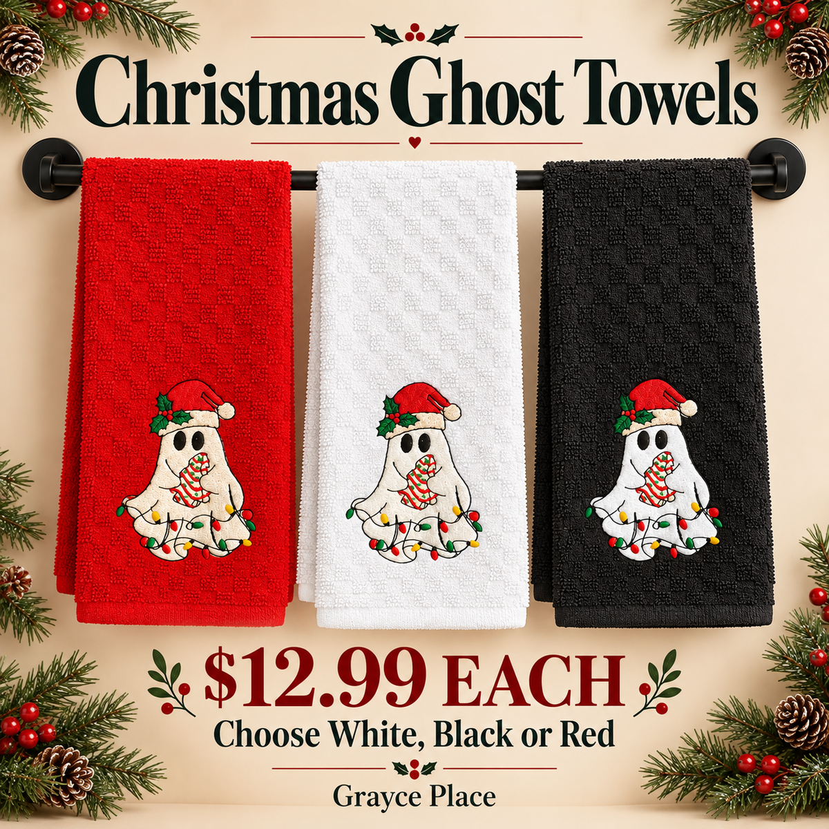 Christmas ghost embroidered hand towels in red white and black - $12.99 each