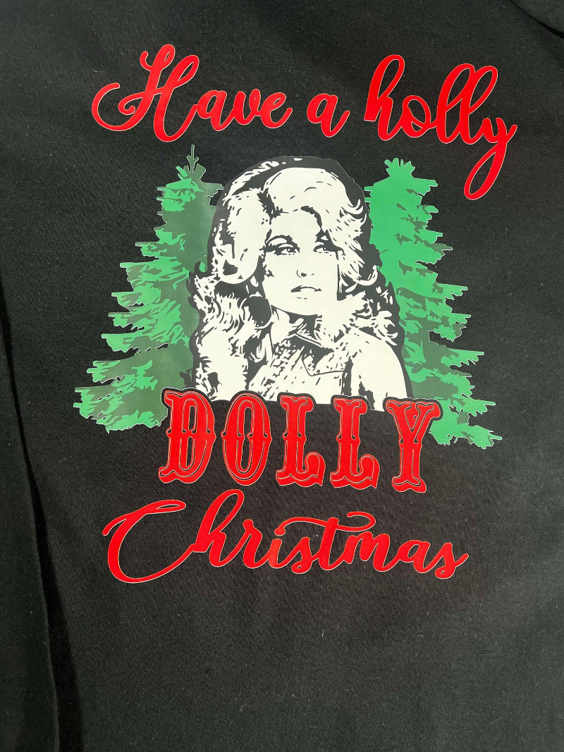 close up of a country music inspired holiday shirt – Have a Dolly Christmas design