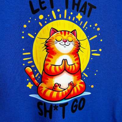  Close up of blue t-shirt with a graphic design and text that says Let That Sh*t go.