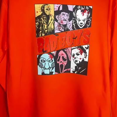Red long-sleeve shirt with graphic design on a white background