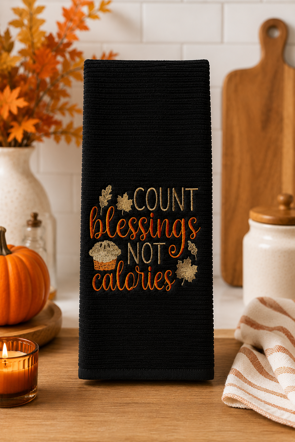 Black embroidered kitchen towel featuring the phrase "Count Blessings Not Calories" with autumn leaves and pumpkin pie, displayed in a cozy fall farmhouse kitchen.