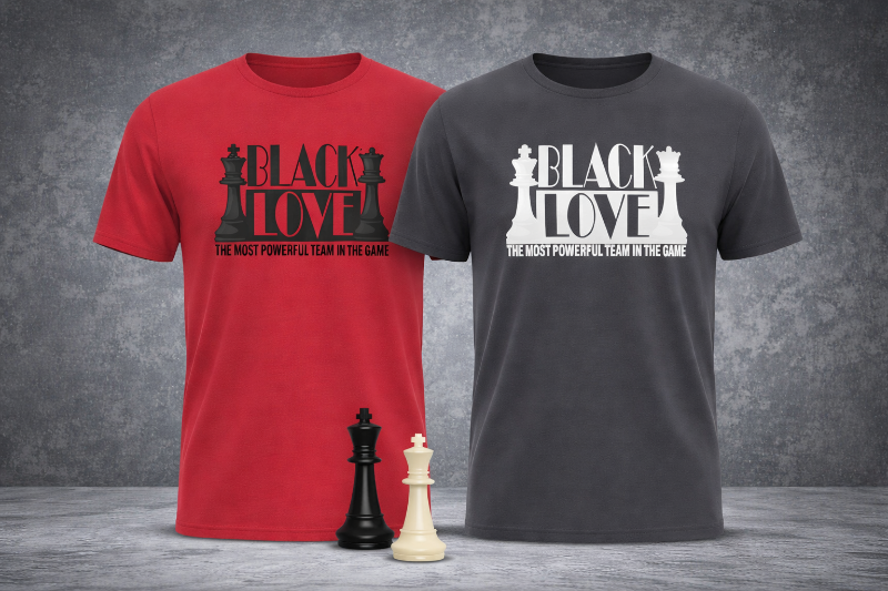 Two t-shirts with chess-themed designs on a gray background
