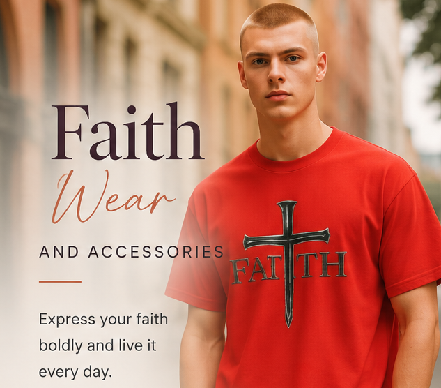 A young man wearing a red t-shirt with a black cross and 'FAITH' graphic, standing on a blurred city street. Text on the left reads 'Faith Wear AND ACCESSORIES' and 'Express your faith boldly and live it every day.