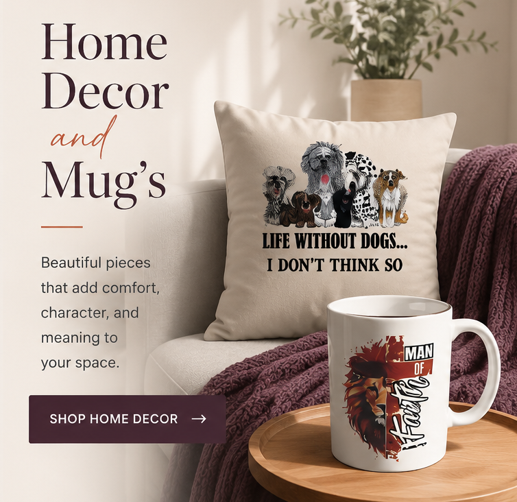 A styled home decor scene with a cream throw pillow featuring a dog collage and the text 'LIFE WITHOUT DOGS.