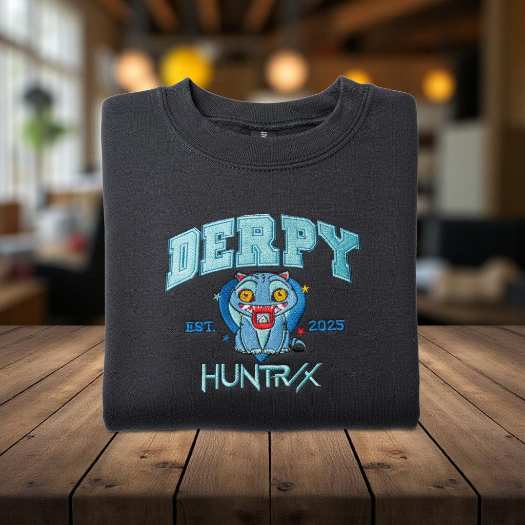 Black sweatshirt with 'DERPY HUNTRX' design on a wooden table