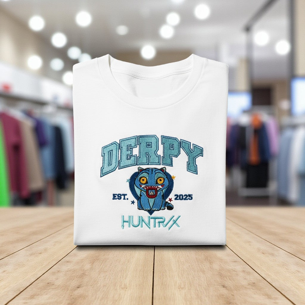 White t-shirt with 'DERPY HUNTR' graphic design on a wooden surface with a store background.
