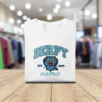 White t-shirt with 'DERPY HUNTR' graphic design on a wooden surface with a store background.