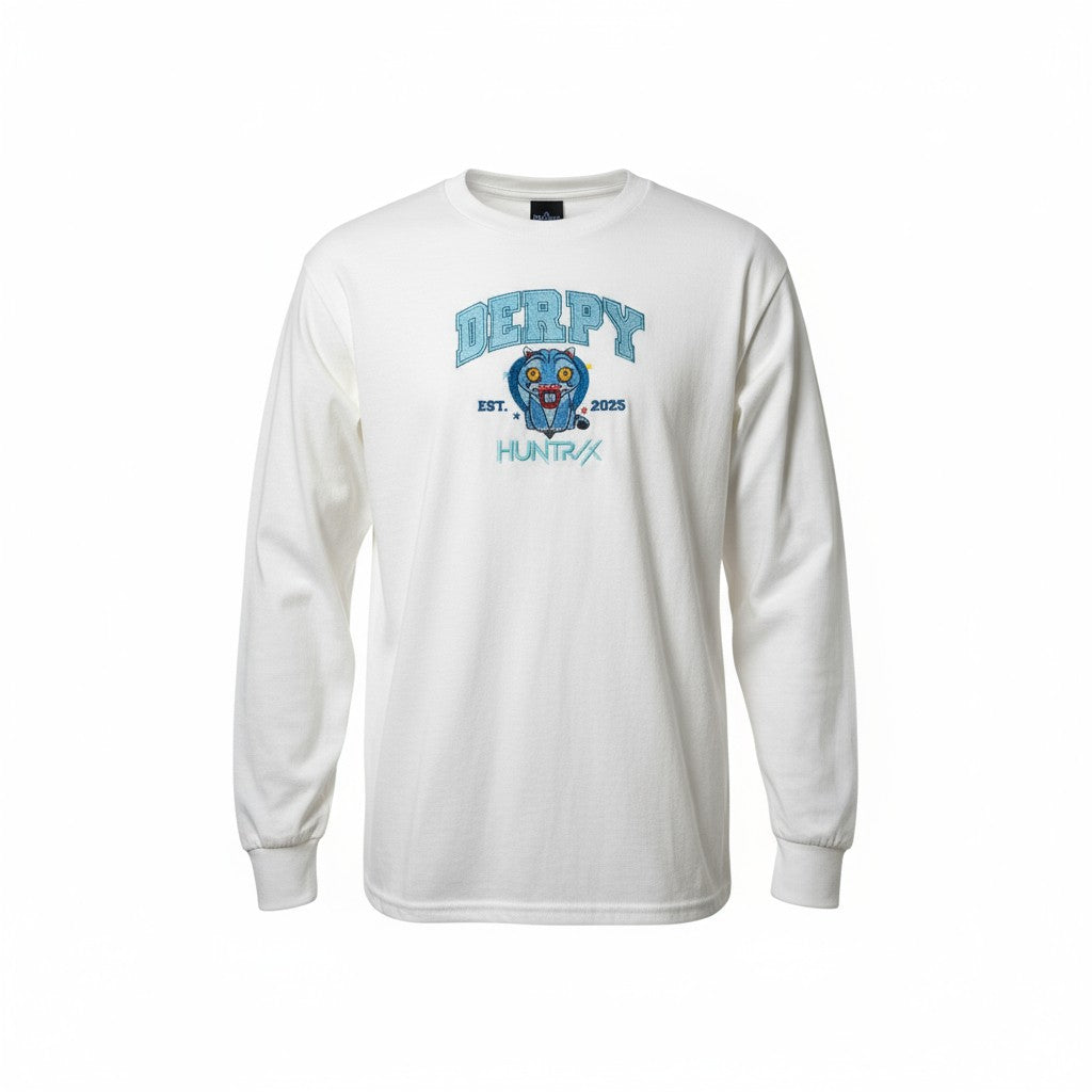 White long-sleeve shirt with blue graphic design on a white background