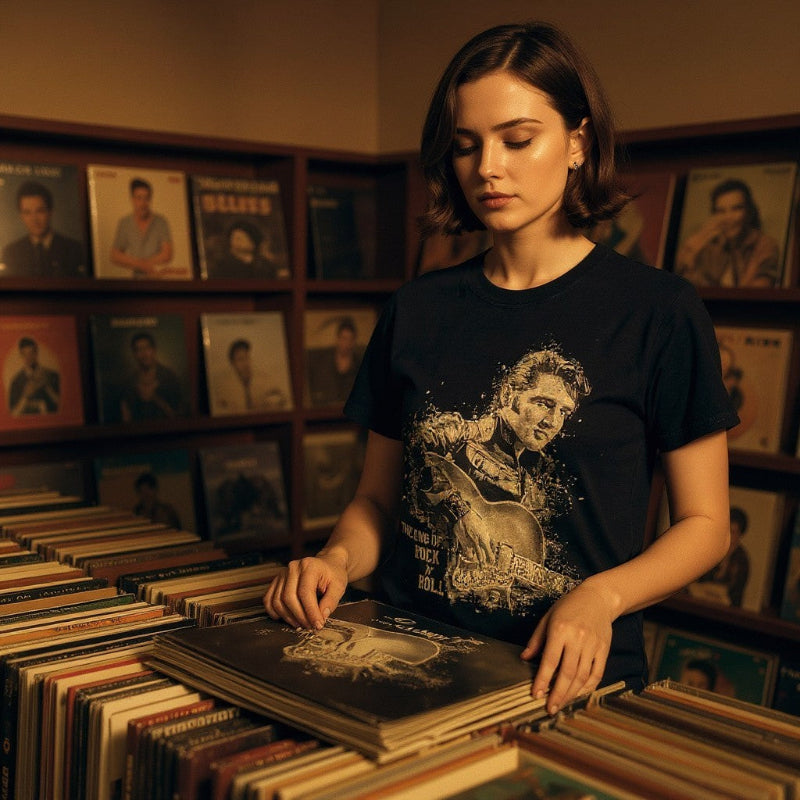 Woman browsing vinyl records in a record store wearing Elvis Presley collector’s t-shirt featuring The King of Rock n’ Roll graphic.