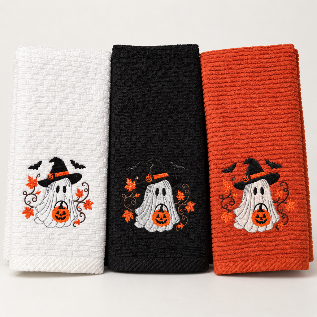 White, black, and orange embroidered Halloween kitchen towels