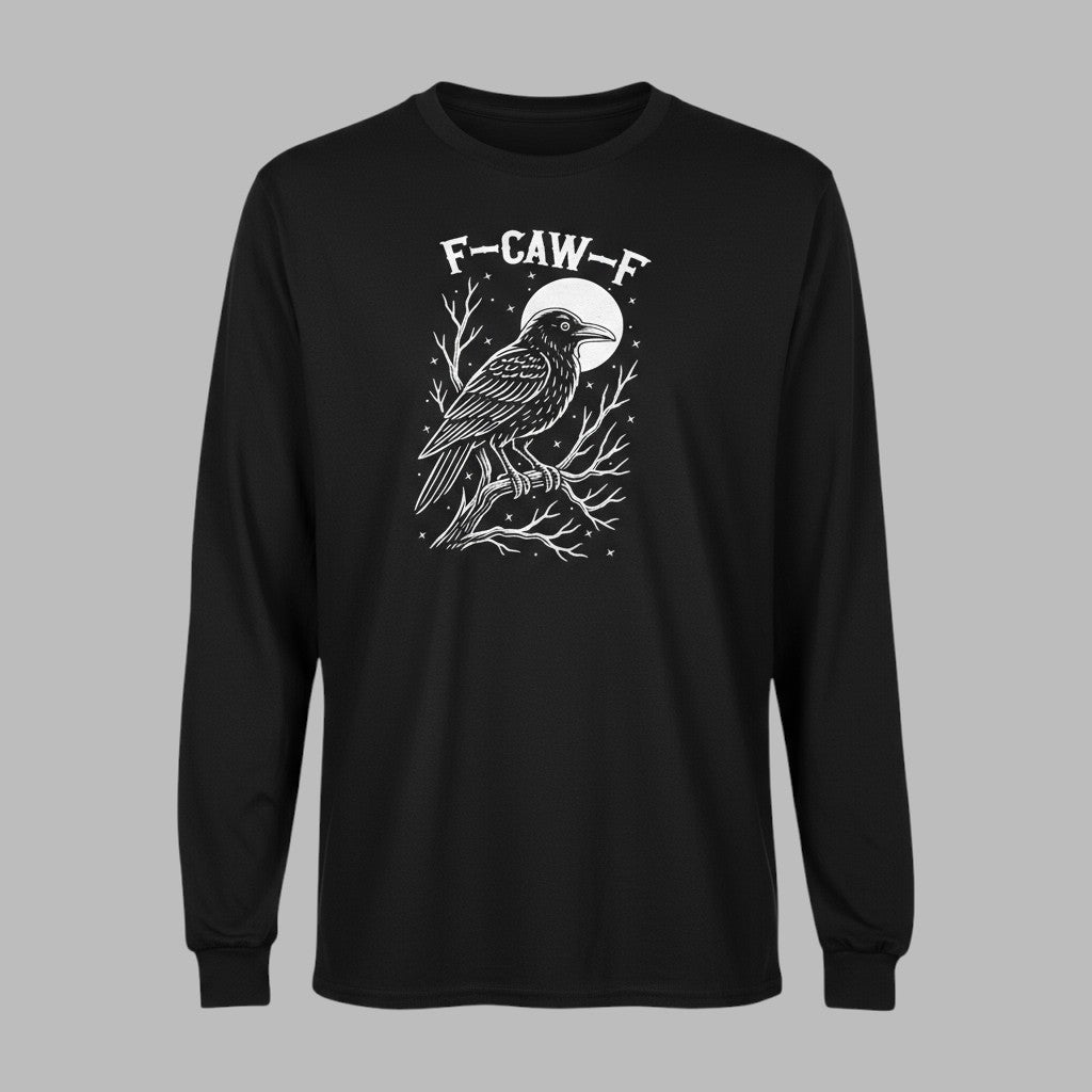 Black long-sleeve shirt with a white graphic of a crow and text on a gray background