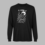 Black long-sleeve shirt with a white graphic of a crow and text on a gray background