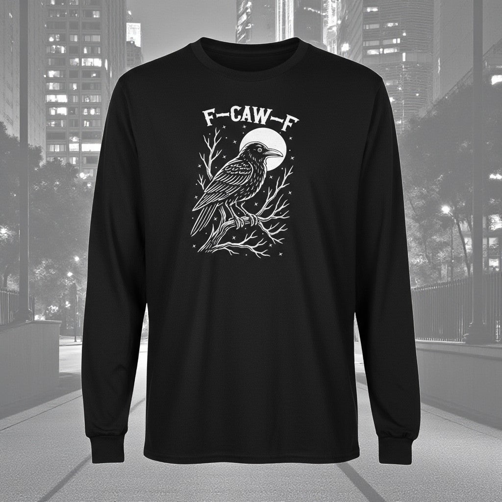 Black long-sleeve shirt with a crow design and 'F-CAW-F' text against a cityscape background