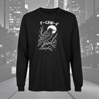 Black long-sleeve shirt with a crow design and 'F-CAW-F' text against a cityscape background