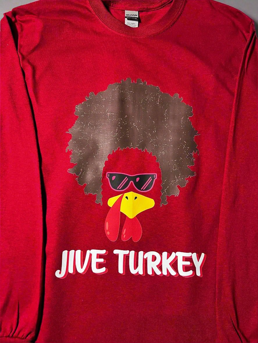 Retro-inspired Thanksgiving t-shirt with funky turkey graphic and phrase Jive Turkey